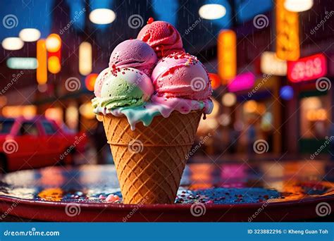 Big Colorful Rainbow Ice Cream In Cone Stock Illustration