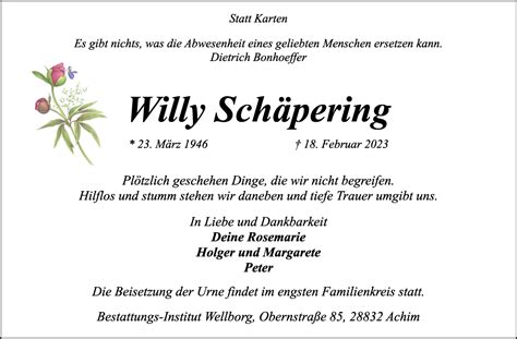 Traueranzeigen von Willy Schäpering Trauer Gedenken