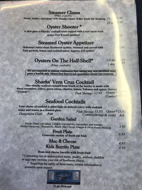 Online Menu of Sharks Seafood Bar & Steamer Restaurant, Newport, Oregon, 97365 - Zmenu