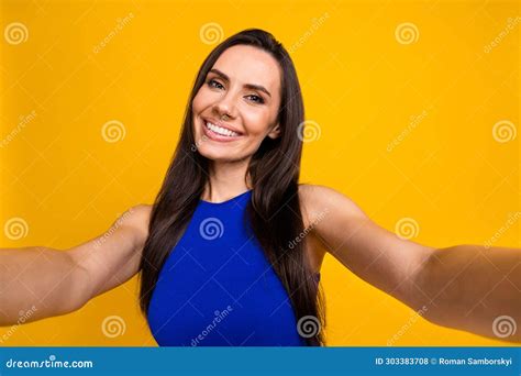 Photo Of Shiny Adorable Lady Dressed Blue Top Smiling Tacking Selfie