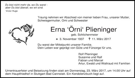 Traueranzeigen Von Erna Plieninger Zeit Des Gedenkens De