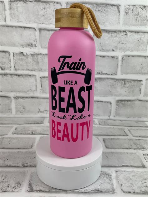 Train Like A Beast Oz Pink Glass Water Bottle With Screw On Bamboo