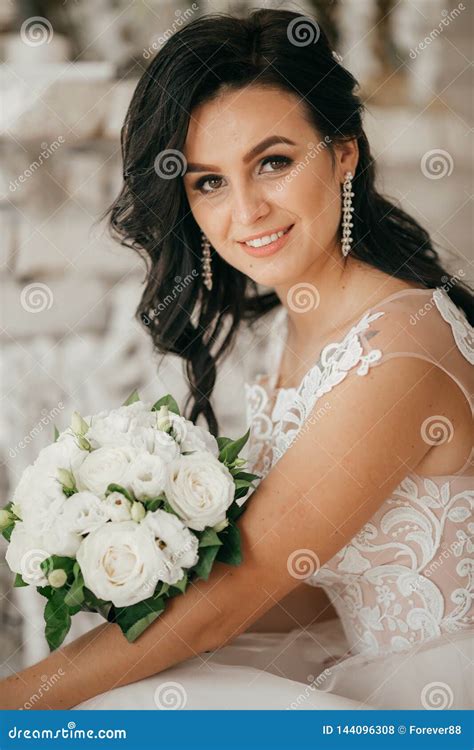 Beautiful Brunette Bride Embracing In To The Bedroom Stock Photo Image Of Love Decoration