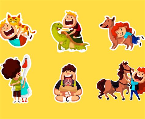 Children With Pets Sticker Set Vector Art & Graphics | freevector.com