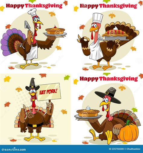 Thanksgiving Greeting Cards With Turkey Bird Cartoon Characters Vector