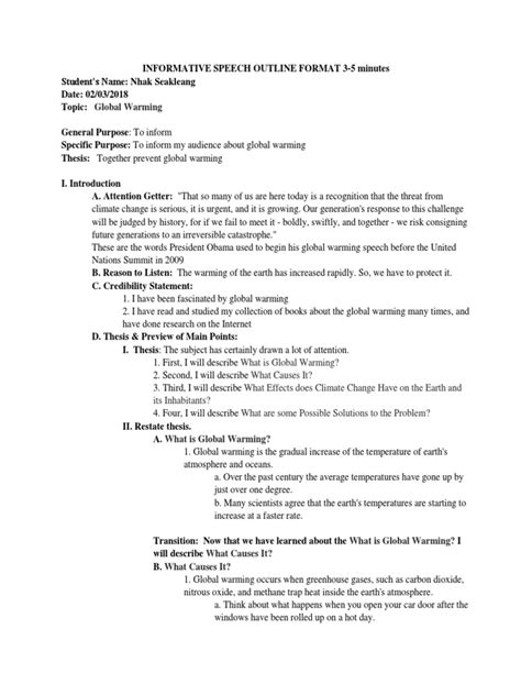 Informative Speech Outline Format 3 5 Minutes Global Warming Greenhouse Gas