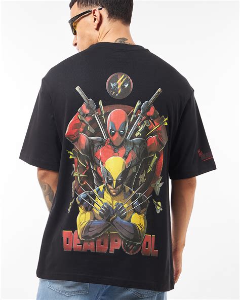 Buy Mens Black Deadpool Duo Graphic Printed Oversized T Shirt Online