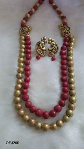 Clay Golden With Red Terracotta Long Necklace Set Size Medium Safe