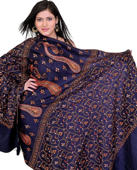 Patriot Blue Tusha Shawl From Kashmir With Needle Embroidery By Hand