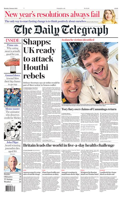 Daily Telegraph Front Page 1st Of January 2024 Tomorrows Papers Today