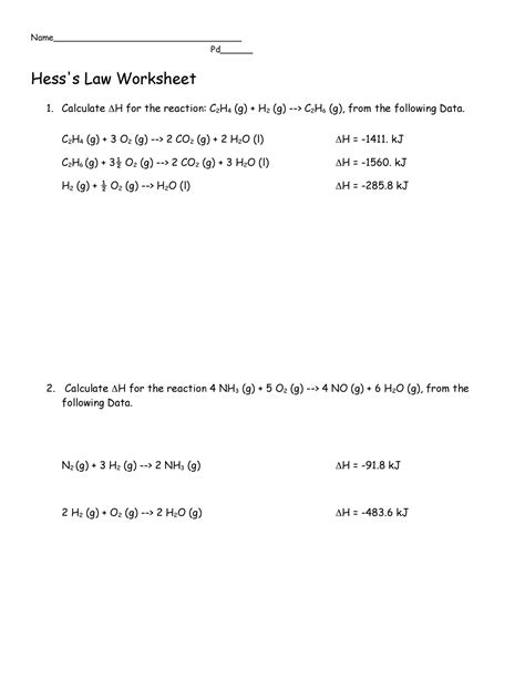 Hess Law Worksheet Name Pd