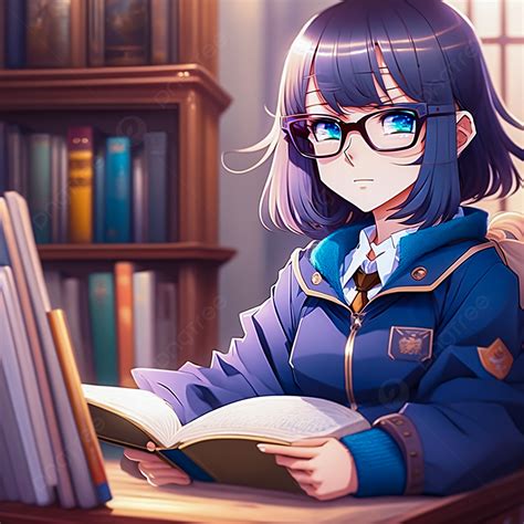 Anime Kawaii With Glasses Is Reading A Book In The Library Background