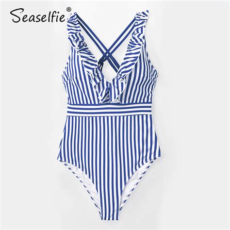 Other Outdoors Seaselfie Sexy Blue And White Stripe Ruffled V Neck