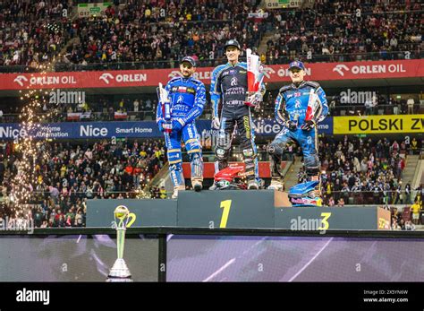 Warsaw Poland Th May The Podium Placed Riders Pose Together