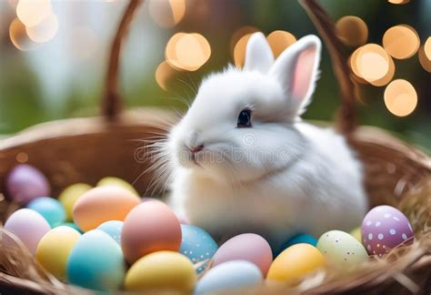 A Bunny Sitting In A Basket Filled With Eggs In The Shade Stock Image