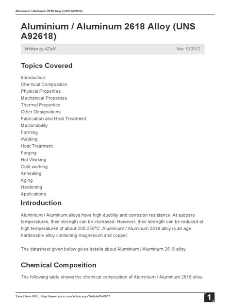 Aluminium / Aluminum 2618 Alloy (UNS A92618) : Topics Covered | PDF ...