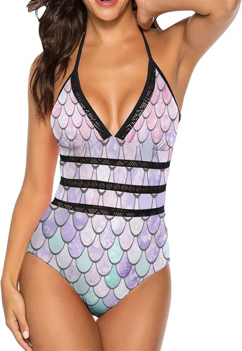 Amazon Rainbow Mermaid Scale Women S Halter Swimwear V Neck One Piece Bikini Swimsuit Lace