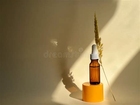 Glass Bottle With Serum And Dried Flower Branch On A Nude Background With Sunlight On It Beauty