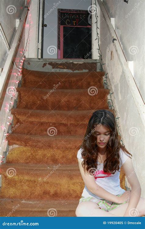 Sad Depressed Teen Girl On Stairs Royalty Free Stock Photo Image