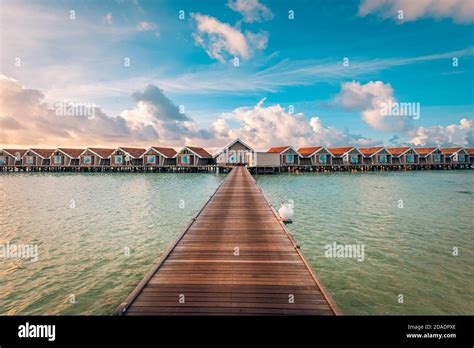 Sunset on Maldives island, luxury water villas bungalows. Jetty with sunset sky clouds. Maldives ...