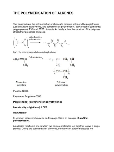 The Polymerisation of Alkenes: Poly (Ethene) (Polythene or Polyethylene ...