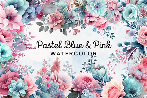 Pastel Blue Pink Flowers Watercolor Graphic By FOLV Creative Fabrica