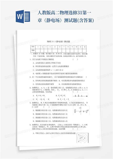 人教版高二物理选修3 1第一章《静电场》测试题含答案word模板下载编号qvggkono熊猫办公