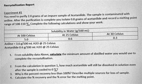 SOLVED Recrystallization Report Experiment 1 Sample Of Acetanilide