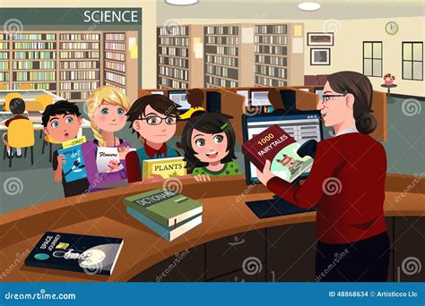 Kids Checking Out Books In The Library Stock Vector Image 48868634