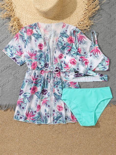 Girls Floral Print Bikini Swimsuit With Kimono Shein Usa