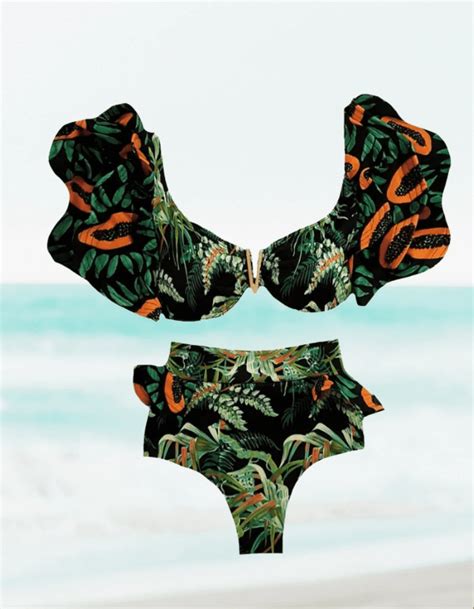Meloria Swim And Fashion Beautiful And Elegant Ruffled Sleeve High Waist Tropical Bikini Female