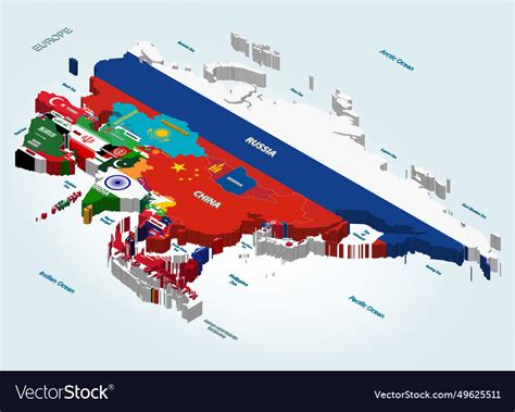 Asia isometric map combined with national flags Vector Image