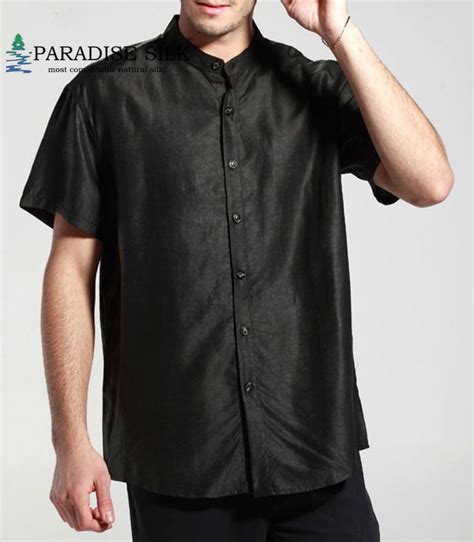 Camisa Masculina De Manga Curta Camisa De Tecido Preto E Seda Pura