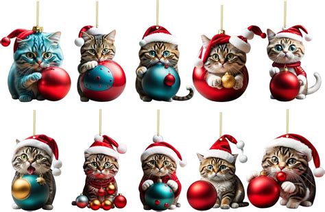 10pcs Christmas Ornaments 2d Christmas Hanging Cats Ornaments Acrylic Funny Cat