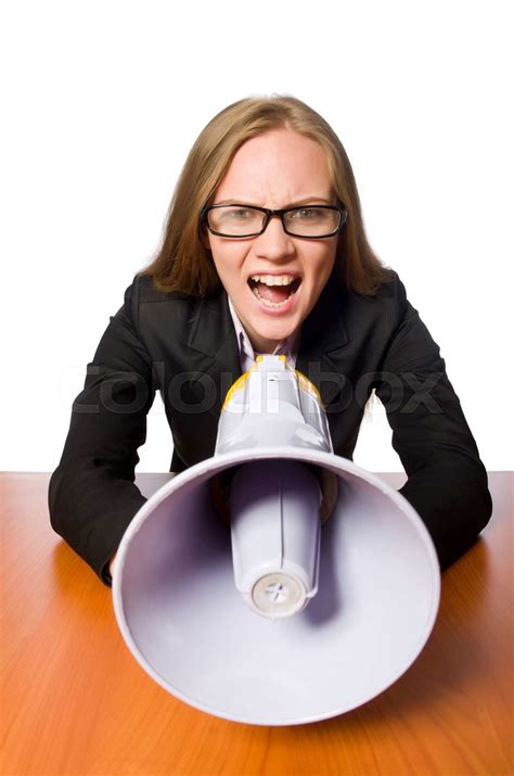 Woman With Loudspeaker Isolated On White Stock Image Colourbox