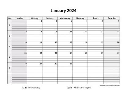 Monthly Calendar 2024 grid lines for holidays and notes (horizontal ...