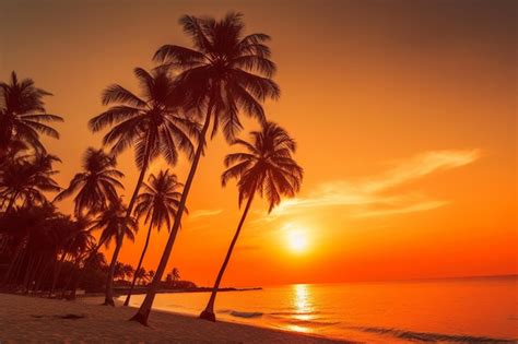 Premium Photo | Beach with coconut tree and sunset