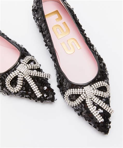 Black sequins crystal-embellished bow flats