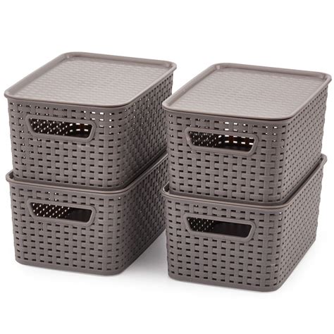 Ezoware Small Lidded Gray Plastic Knit Baskets Stackable Household