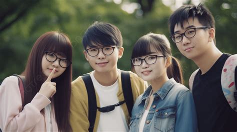 Group Of Young Asian People Wearing Glasses Background Four Young