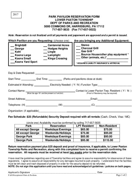 Fillable Online Park Pavilion Reservation Form Lower Paxton Fax