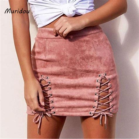 Muridou Sexy Lace Up Leather Suede Skirts Women Above Knee Mini Skirt Sexy High Waist Bodycon