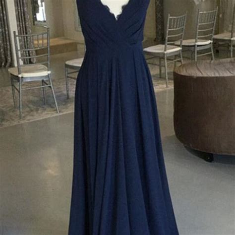 Navy Blue Chiffon V Neck Long Prom Dress Backless Women Summer Prom