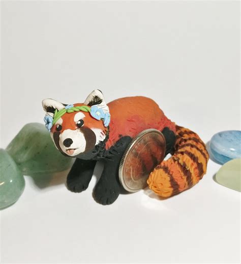 Ooak Red Panda Figurine Cute Polymer Clay Figure With Flower Etsy