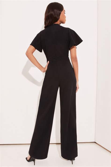 Buy Lipsy Black Flutter Sleeve V Neck Tie Front Wide Leg Jumpsuit From