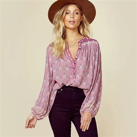 Spring Violet Boho Blouse Shirts Floral Print Hollow Out Rayon