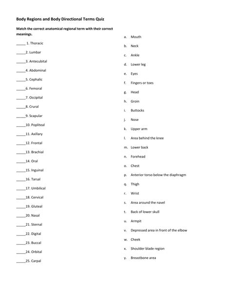 Directional And Regional Terms Anatomy Quiz