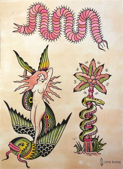 An Old School Tattoo Design With Mermaids And Flowers