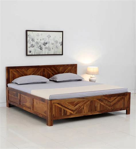 Sheesham Wood King Size Bed With Box Storage in Light Honey Finish