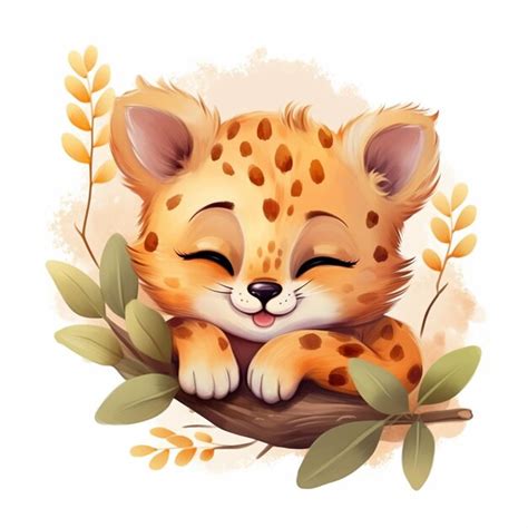 Premium Photo | Cartoon leopard cub sleeping on a branch with leaves ...